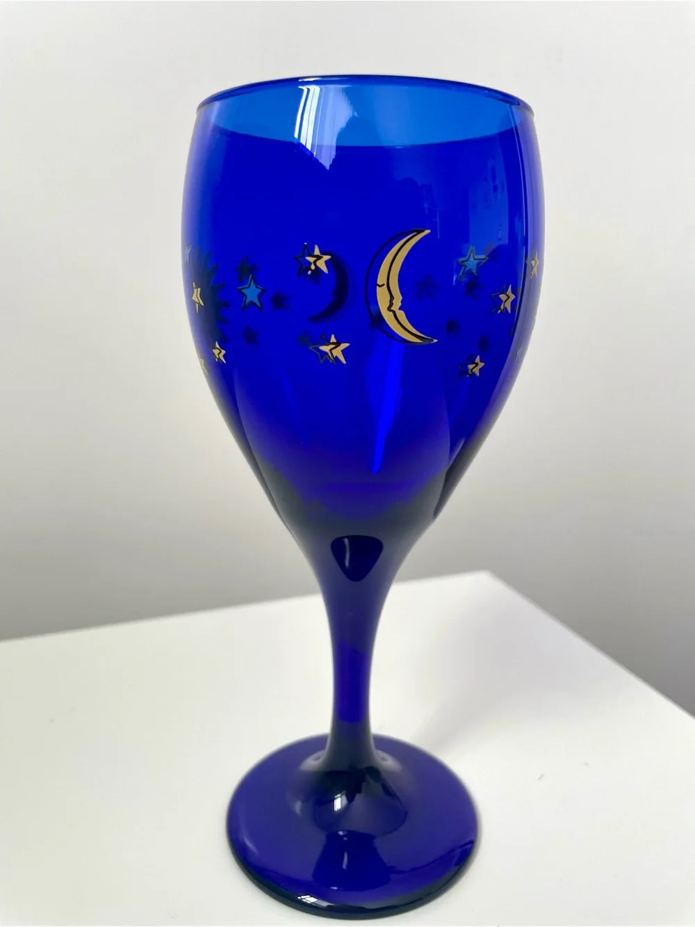 Libbey Celestial Goblet Glass SUN MOON STARS Glass (One) Cobalt Blue Vintage